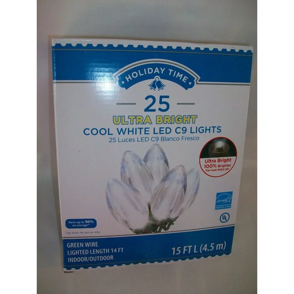 Holiday Time 25 Ultra Bright LED C9 Bulb Christmas Lights Warm White 15' New